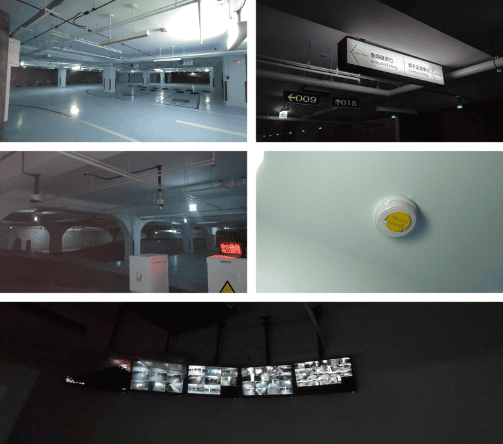 地下停車場、智慧停管系統、車牌辨識攝影機、地下室CO2偵測、停管室監控牆